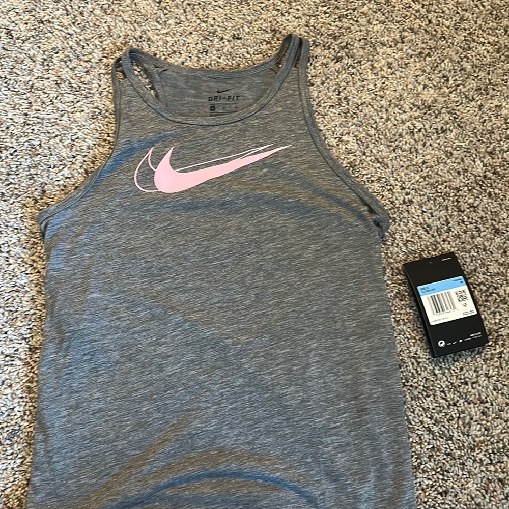 Nike Child Medium  gray dry fit tank with pink swoosh- tags on and never worn